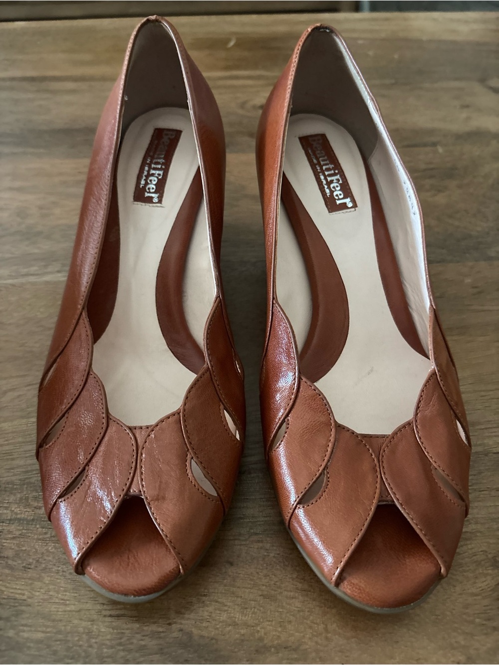 Life Stride Tan Scalloped Peep-Toe Pumps